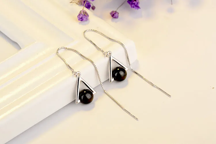 Beautiful Triangle Geometric 925 Sterling Silver Jewelry Long Exaggerated Natural Black Crystal Tassel Dangle Earrings For Women