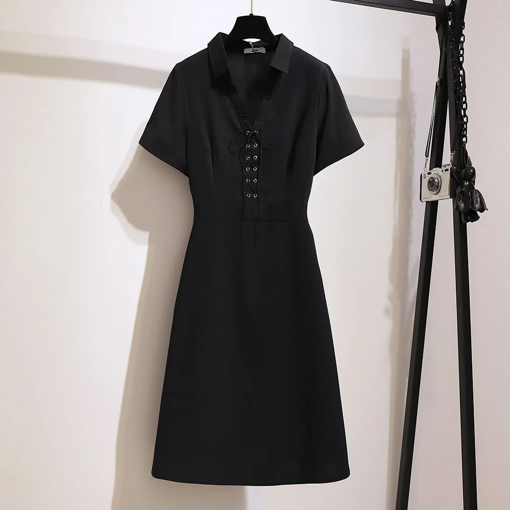 Vestido de manga curta para mulheres, tamanho grande, solto, preto, estilo francês, vintage, pescoço em V, arco, 4xl, 5xl, 6xl, 7xl, novo, verão, 2023