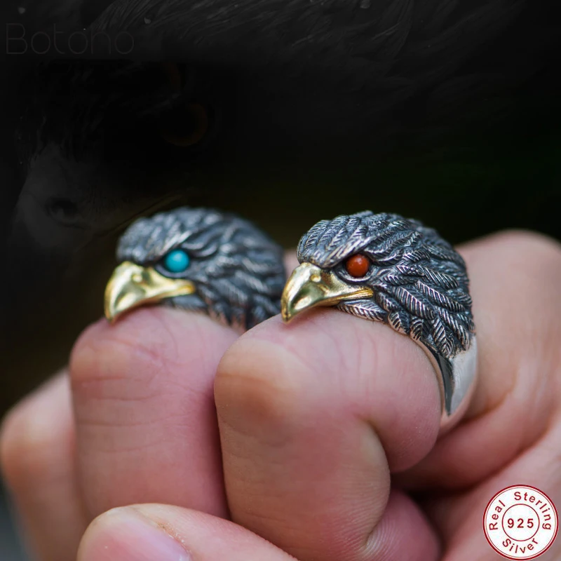 

Two colors Punk Animal Ring 925 Sterling Silver colour Eagle Head Rings for Men Male Semi-precious Stone Men's Jewelry Red green