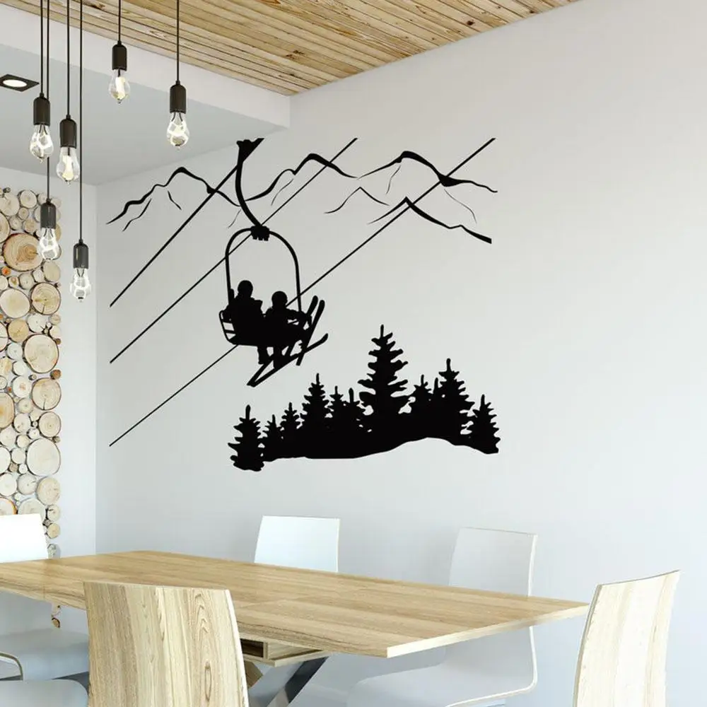 Skiing Wall Decal Living Room Skier Ski Lift Chair Mountain Pine Tree Sticker Winter Sports Vinyl Wall Stickers Home Decor 1271