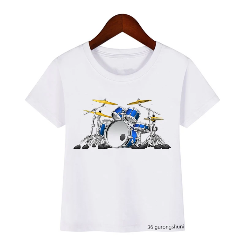 T-shirt for boys fun drumming music lover graphic print kids t shirt summer casual hiphop boy clothes white shirt tops wholesale