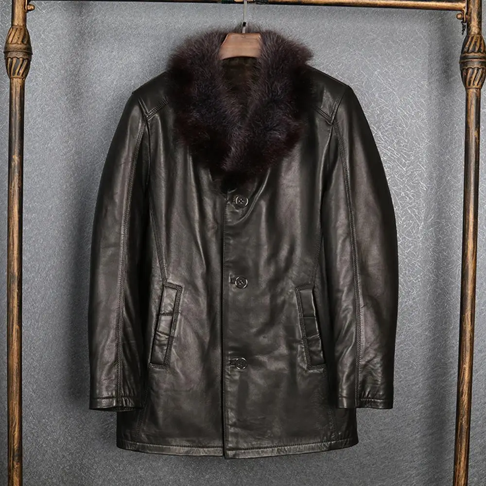 

2019 New Mink Fur Collar Mens Sheepskin Coat Mens Black Shearling Jacket Long Style Fur Coat