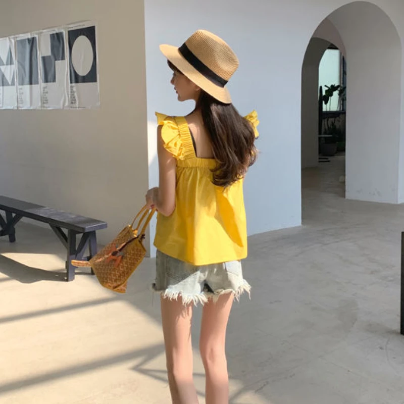 Tanks Frauen Kawaii Solide Französisch Stil Alle-spiel Casual Sommer Rüschen Mode Grundlegende Jugendliche Einfache Crop Tops Neueste Mädchen gemütliche