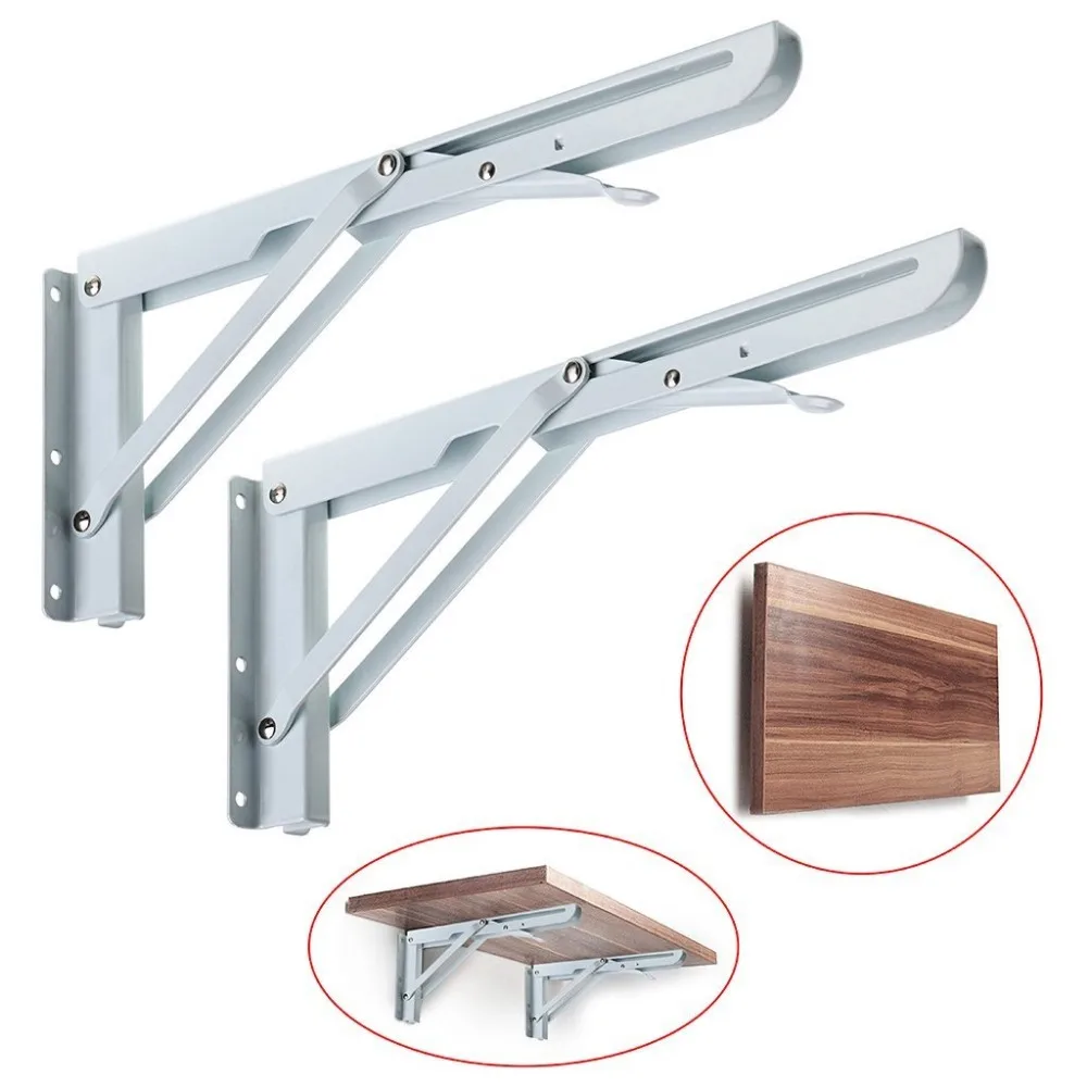 2PCS, 8-20 Inch White Metal Triangle Folding Angle Bracket Adjustable Wall Mounted Foldable Shelf Bracket DIY Home Table Bench