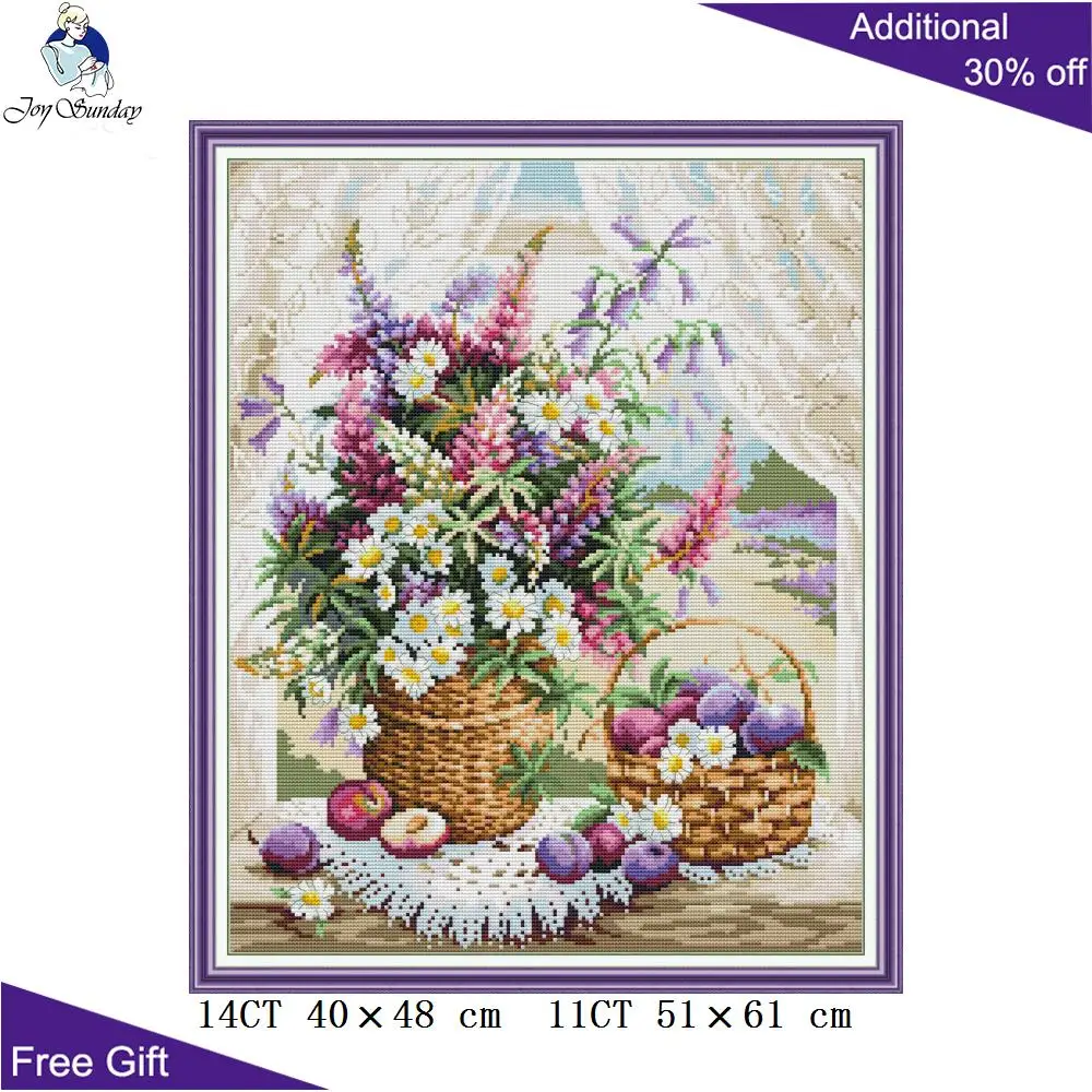 Joy Sunday Windowsill Flower Basket, Counted and Stamped Home Decor, Purple Flowers, Cross Stitch Kits, H882 14CT 11CT