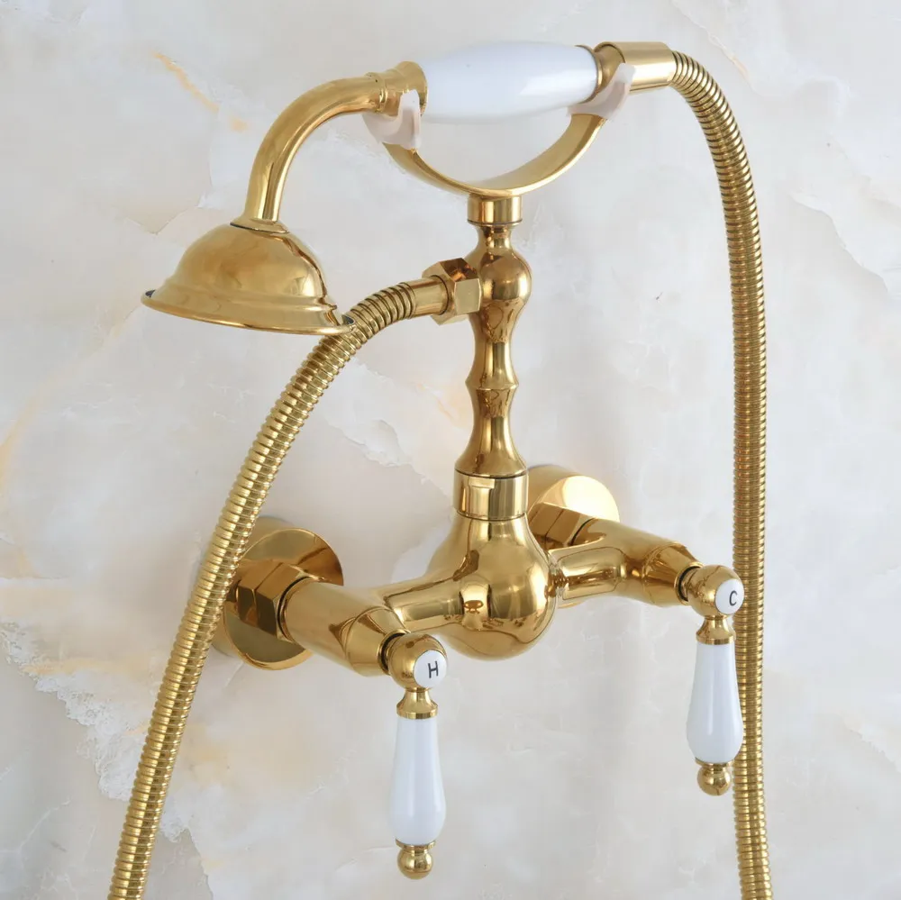 

Modern Polished Gold Color Brass Wall Mount Bathtub Faucet with Handheld Shower Set +1.5M Hose Mixer Tap 2na835