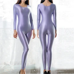 Satin Glossy Sexy Women Long Sleeve Body Suits One-piece Swimsuit Shiny Silky Smooth Tights Sports Bodysuit Wetsuit Plus Size