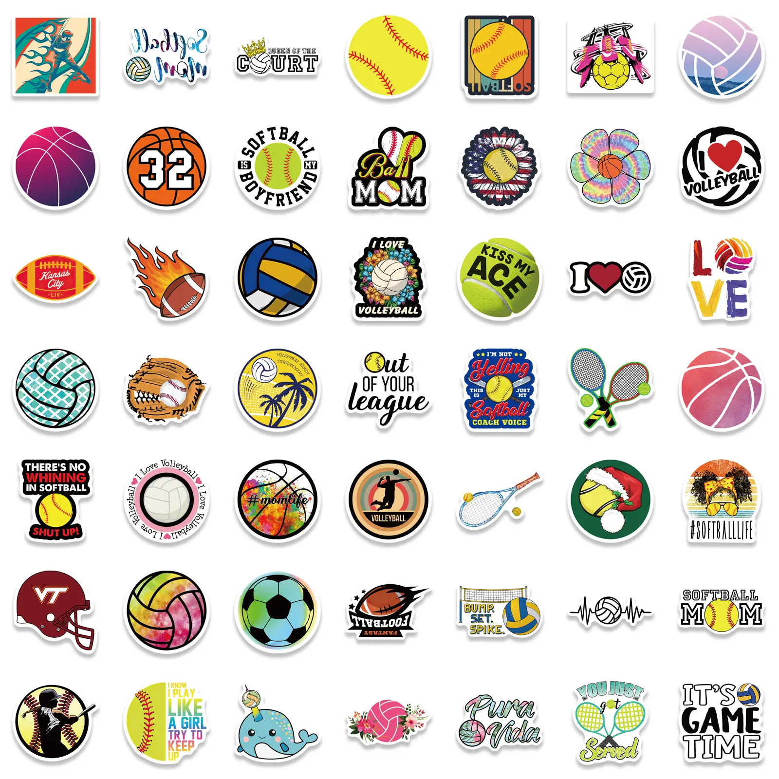 Bola de futebol de voleibol e softball adesivos para crianças, adesivos para crianças, brinquedo decalque, DIY, capacete, motocicleta, caixa do telefone, bagagem, 50 pcs, 100pcs