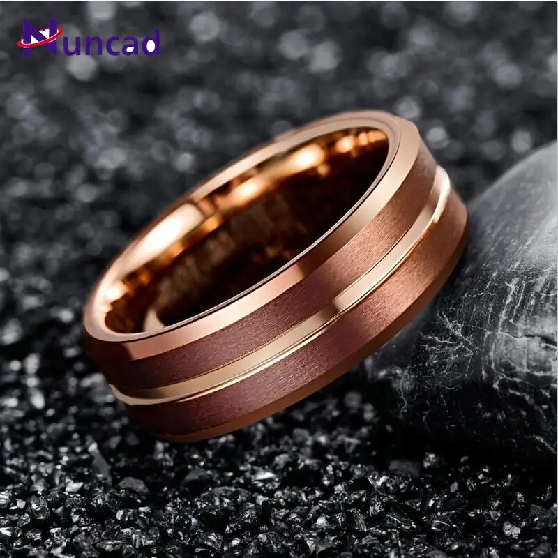 BONLAVIE 8mm Width Tungsten Carbide Ring Brown Plating Rose Gold Color Middle Groove Tungsten Steel Men's Ring