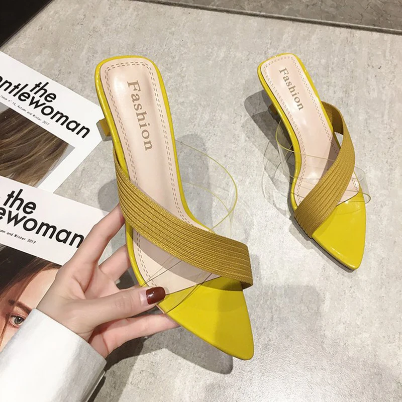 Summer Women Yellow Green Beige Pumps Sandals For Ladies Sexy Mules High Heels Slip-on Slippers Slides Shoes New 2021