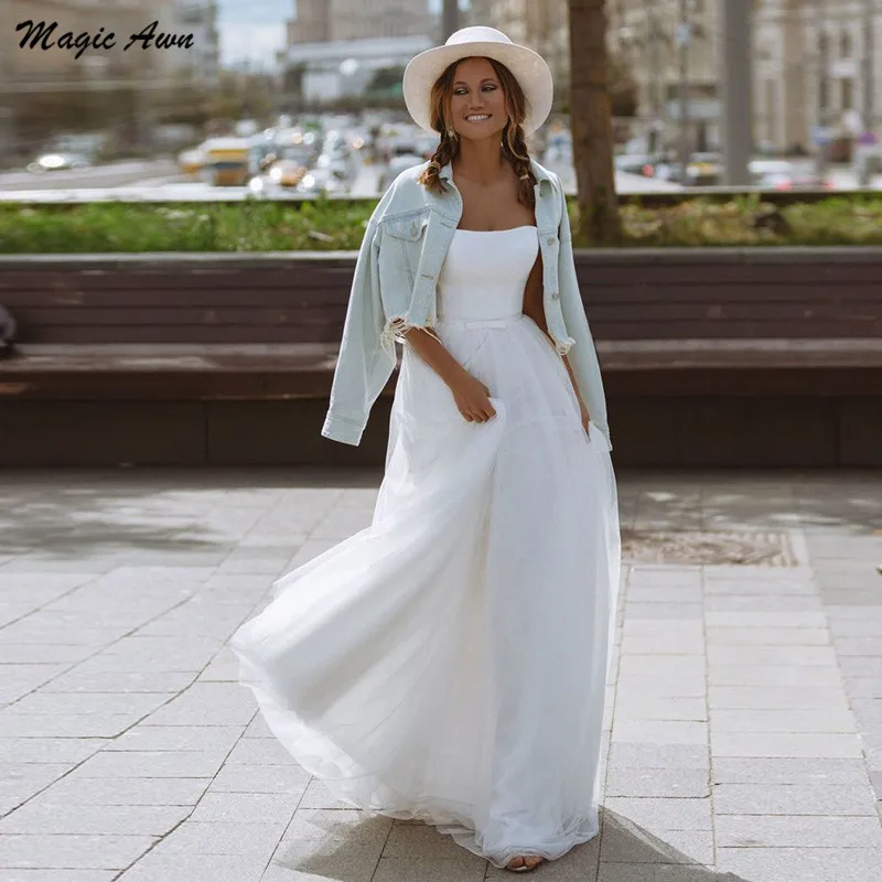 Magic Awn 2021 Sweetheart Wedding Dresses Boho Satin Tulle Simple Beach A-Line Mariage Gowns Princess Country Robe De Soriee