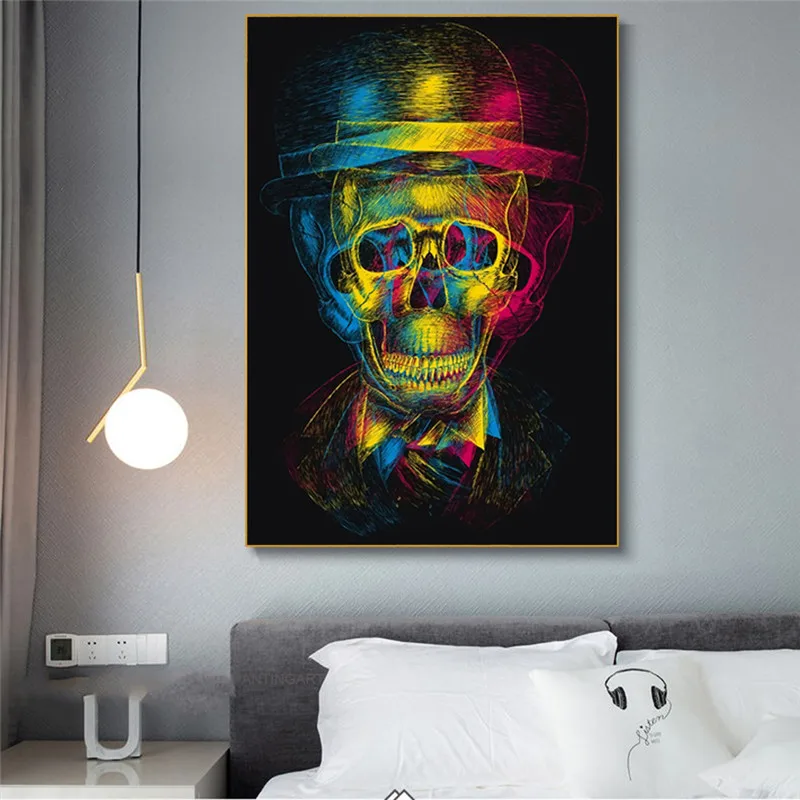 

Abstract Colourful Skull Gentleman Portrait Canvas Painting Poster On Wall Art Prints Fantasy Picture For Living Room Decoration