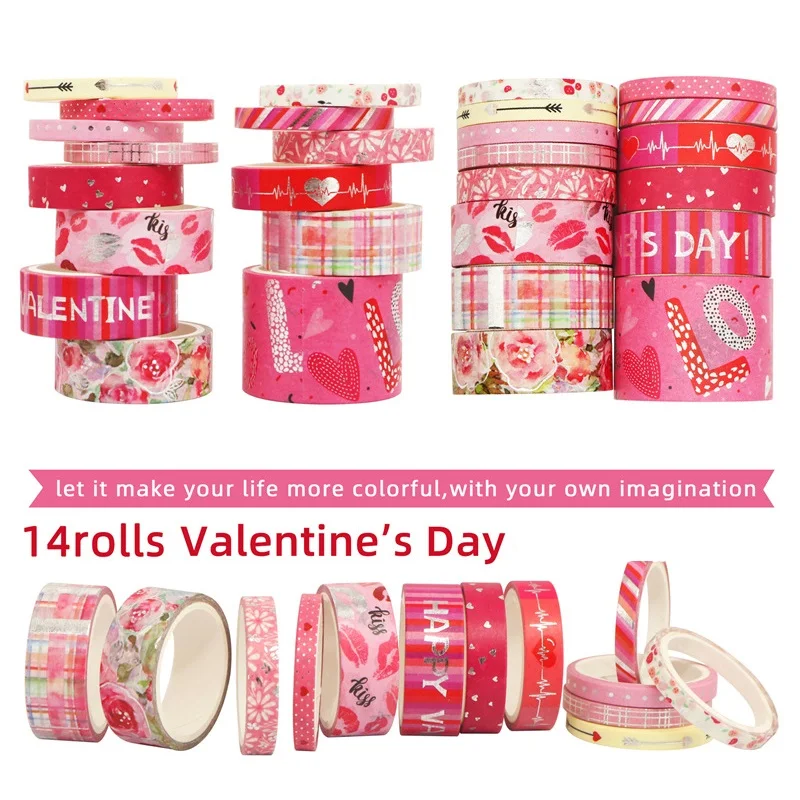 

14roll Valentine Day Washi Tapes Set Silver Foil Flower Love Kiss Adhesive Masking Tape Decoration Stickers Gift A6609