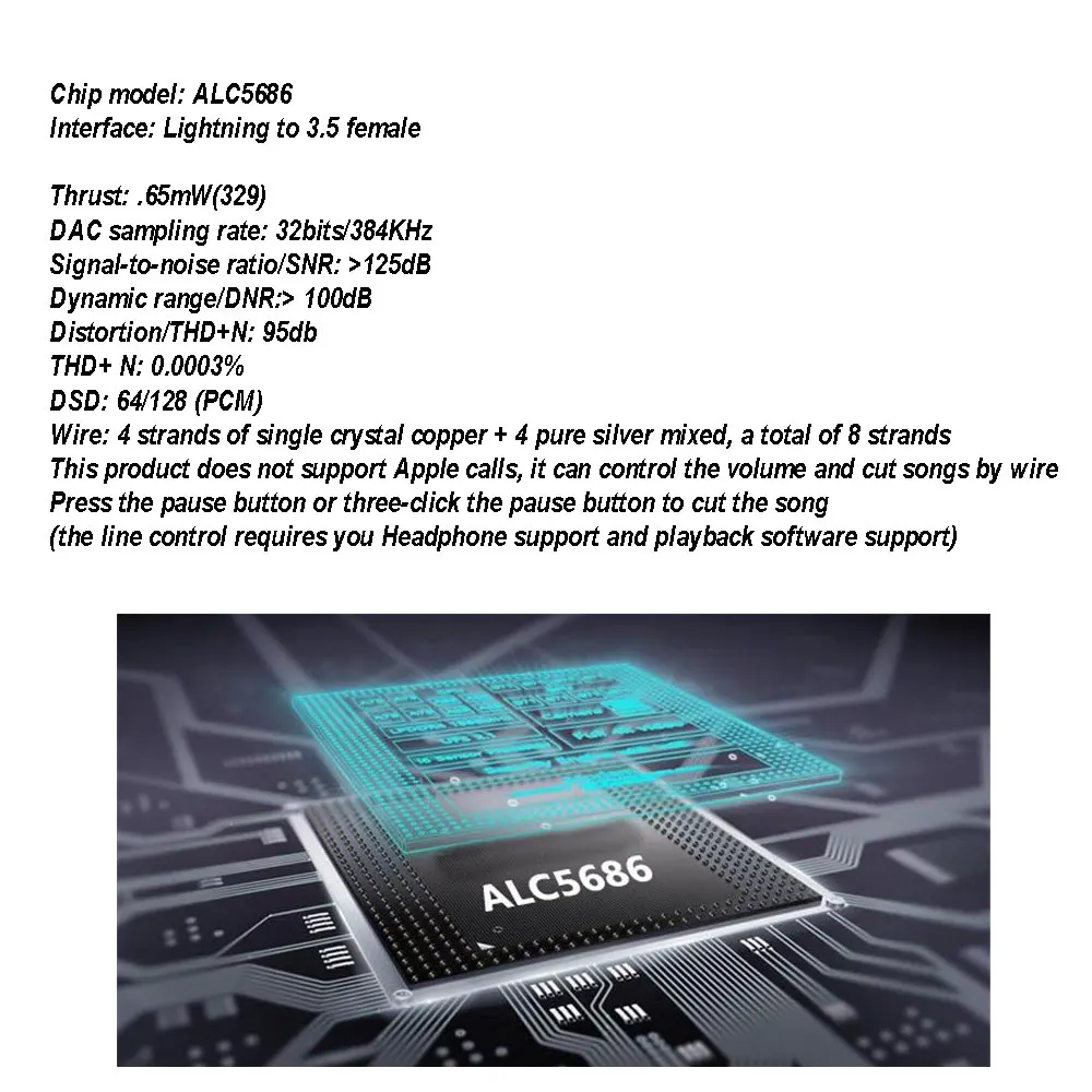 ALC5686 DAC Lightning to 3.5mm decoding HIFI Amplifier adapter earphone cable device Sound amplifie 32bits/384KHz For apple ios