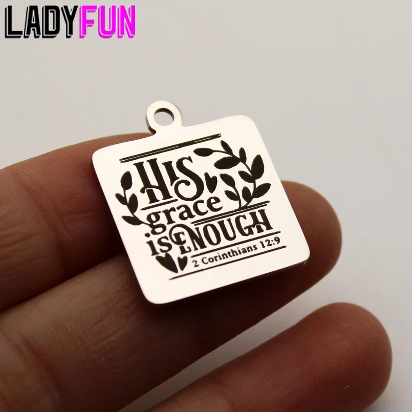 5pcs His Grace Is Enough Square Charm Stainless Steel Jesus Bible Chrristian Charms High Polish Mirror Surface Pendant