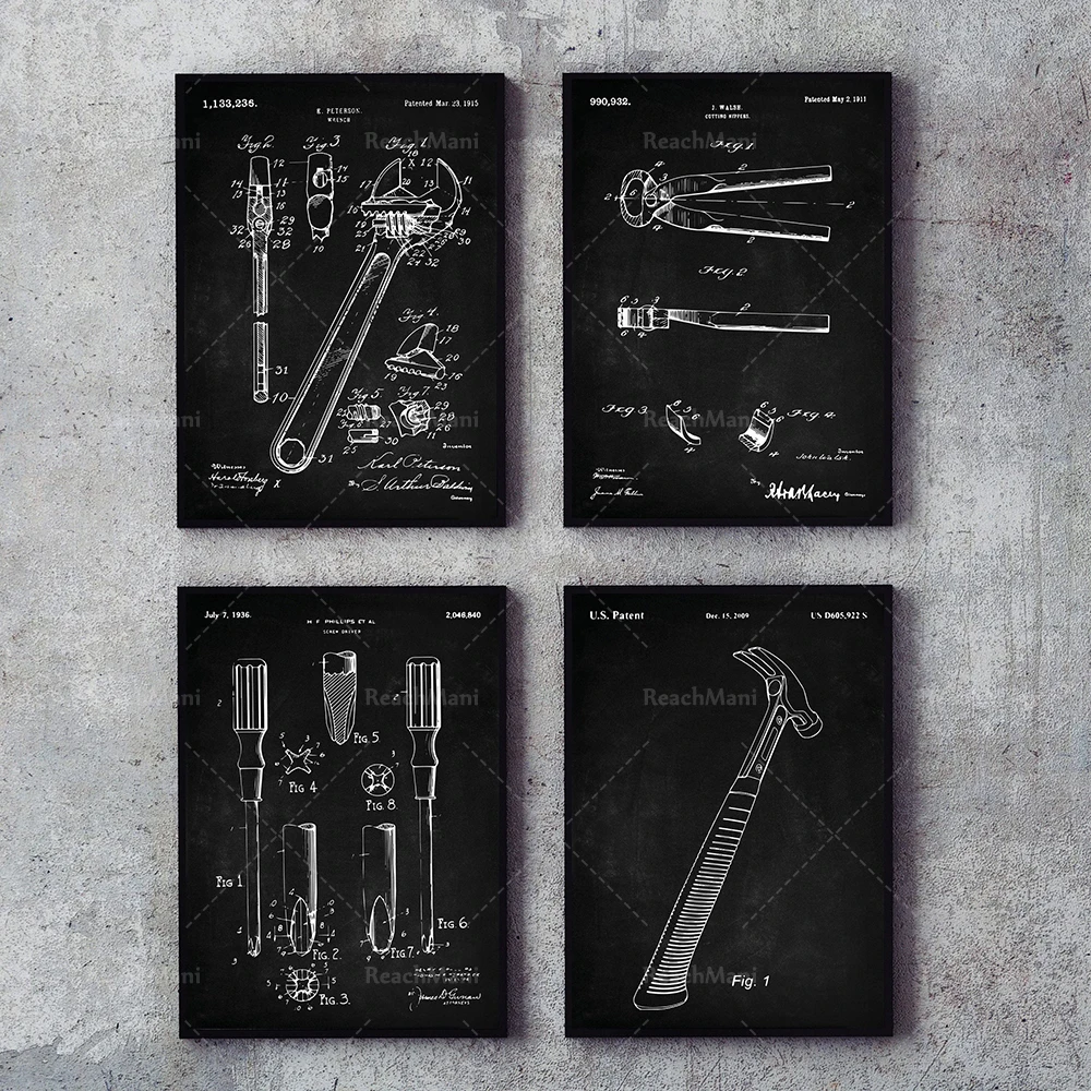 Tool Patent Print, DIY Tool Posters, Mancave Art, Workshop Poster, Screwdriver Patent, Wrench Poster, Vice Patent, Hammer Poster