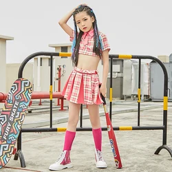 Kid Hip Hop Girls Korean Style Short Sleeve Pink Plaid Crop Tops Pleated Skirt Summer Jazz Dance Costumes Suit Hip Hop Outfits