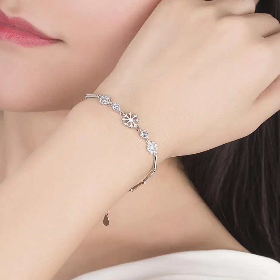 Hot Fashion 925 Sterling Silver Snowflake Bracelets & Bangles Blue/White Zirconia Shiny Crystal pulseira feminina Gift