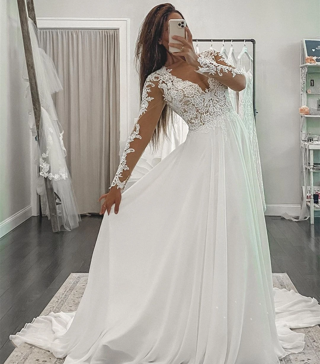 

A-Line Wedding Dress V-Neck Long Sleeve Chiffon Floor Length Simple Princess Beach Women Bridal Gowns High Quality Robe De Marie