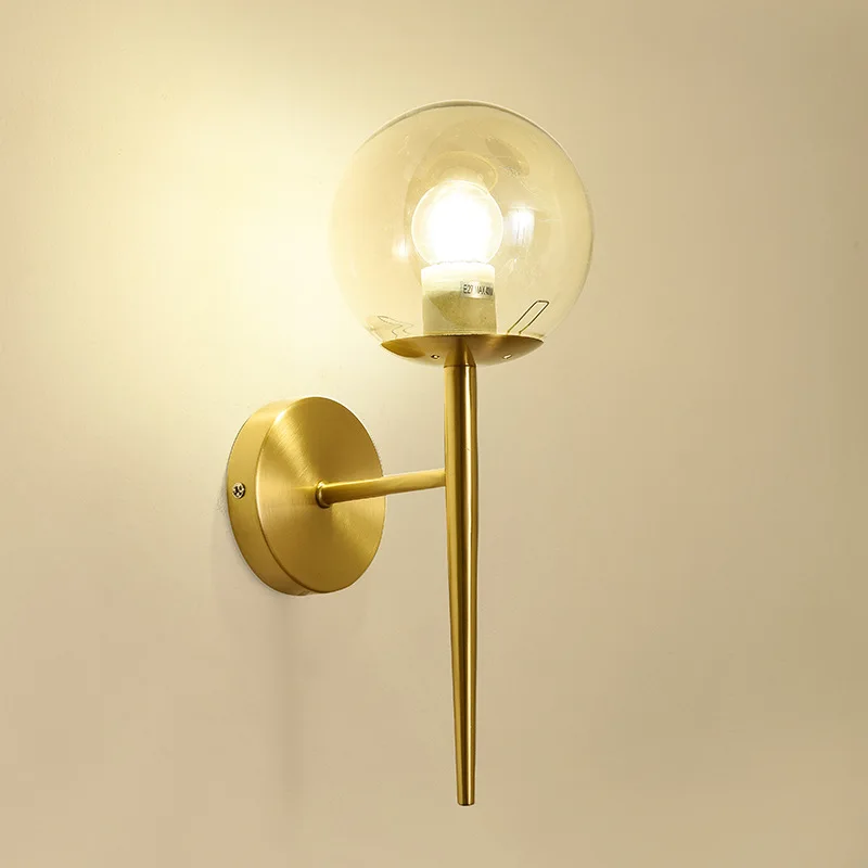 

Kobuc Nordic Luxurious Cooper Sconces Golden Metal E27 Wall Lamp with Glass Lampshade for Living room TV Background Aisle Hotel