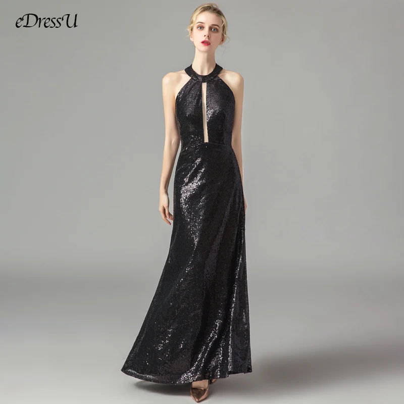 

Halter Neck Black Long Dress Elegant Backless Wedding Party Dress Sleeveless Sequins Evening Dress Vestido de Fiesta WS-L1120