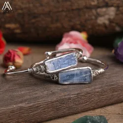 Silvery Copper Wire Wrapped Natural Blue Kyanite Stone Irregular Slab Beads Open Cuff Bangle Bracelet For Women Fashion Jewelry