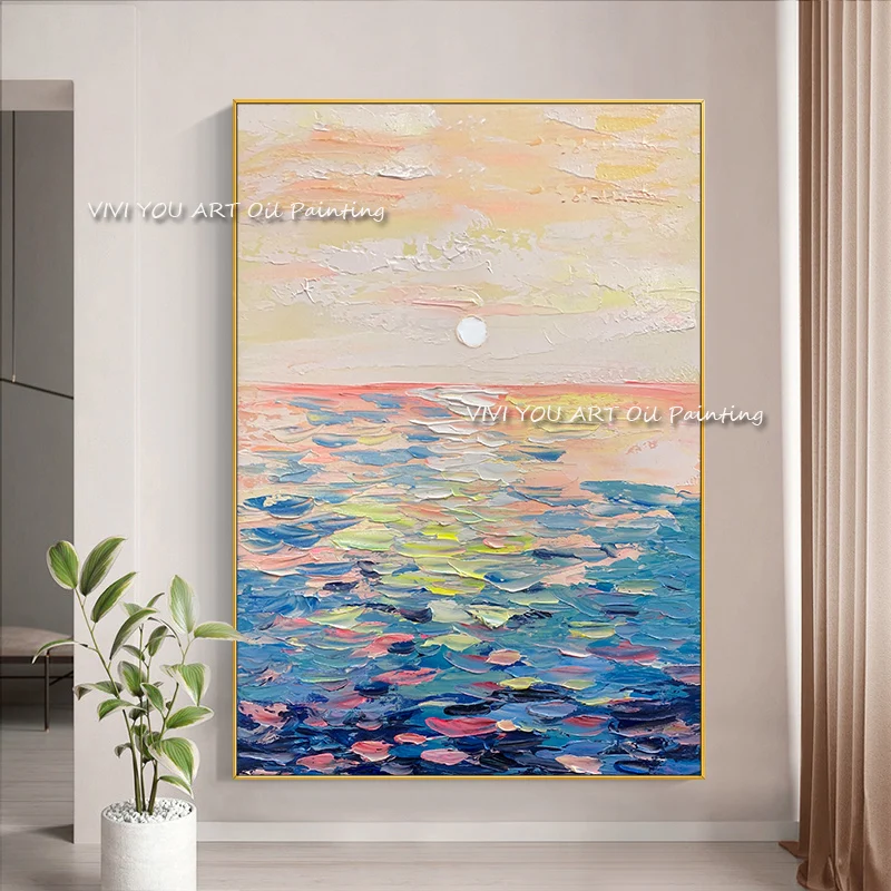 

100% Hand Painted Abstract Colorful Ocean Oil Painting Art Modern Blue Seaside Large Office Wall Canvas Home Decoration Gift