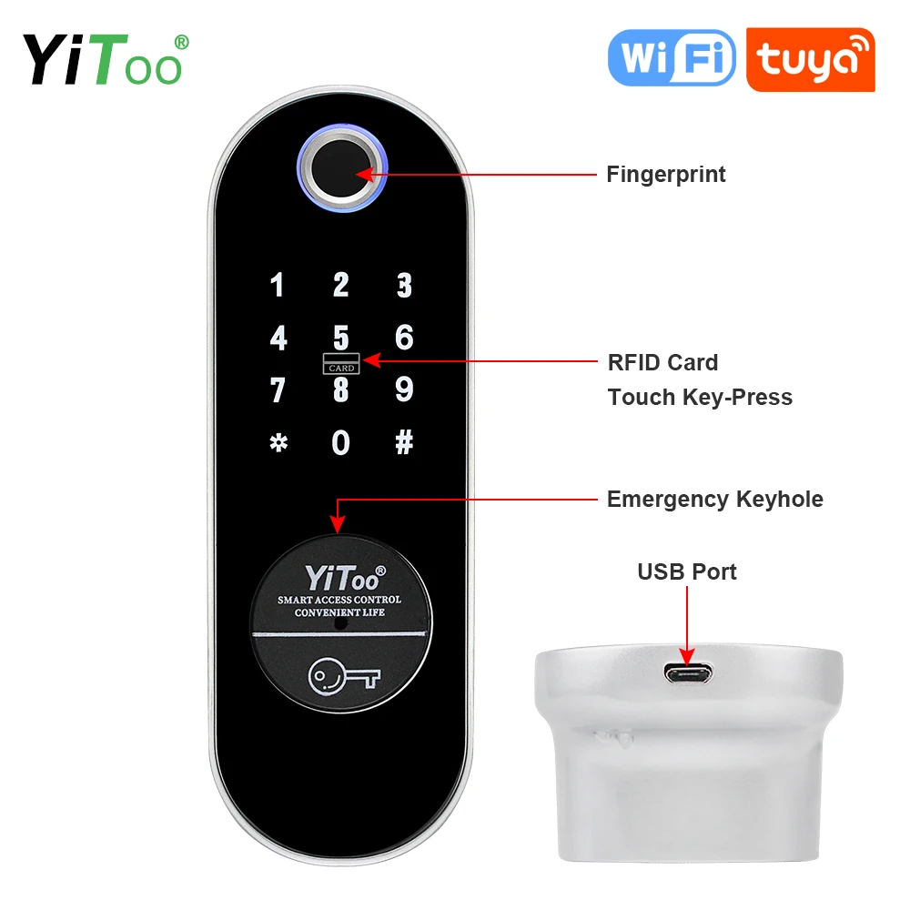 YiToo Fingerprint Door Lock Outdoor Waterproof Wifi Tuya Remote Control Electronic Keyless Entry Wooden Door Lock USB Batteries