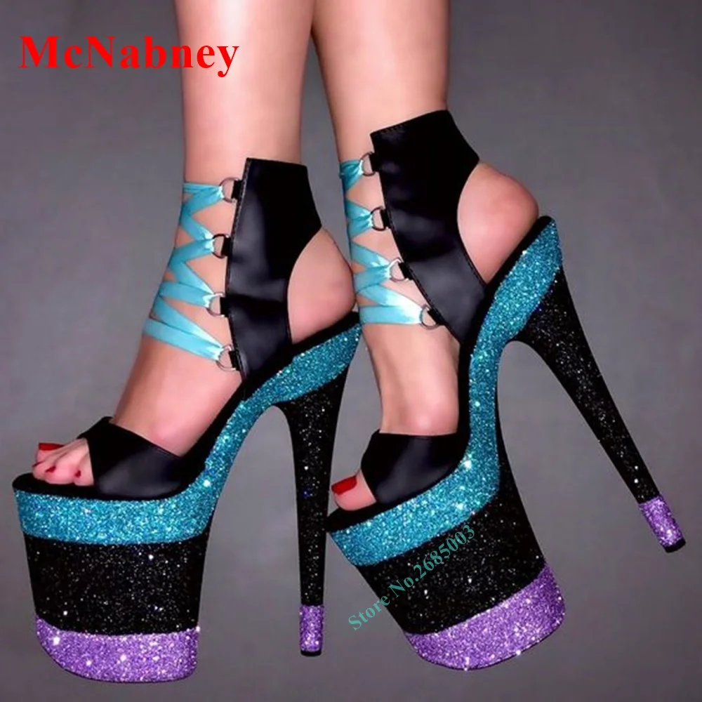 Satin Lacing Matte Black Lace Up Sandals Glitter Heels Platform Mixed Colors Ankle Open Toe Sandals Women Shoe High Heels Sandal