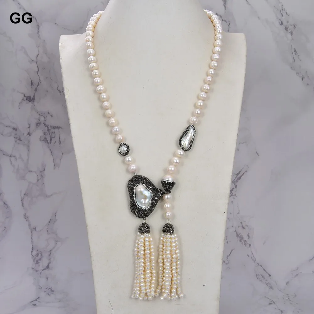 

GG 26'' Natural White Pearl Necklace Big White Keshi Baroque Pearl Pendant