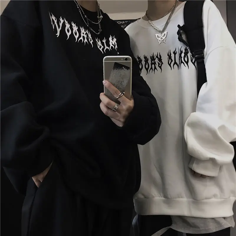 Harajuku Gothic Oversized Hoodies Streetwear Hip-hop Cool Couple High Street Sweatshirt Women Autumn Casual Loose Pullovers Tops