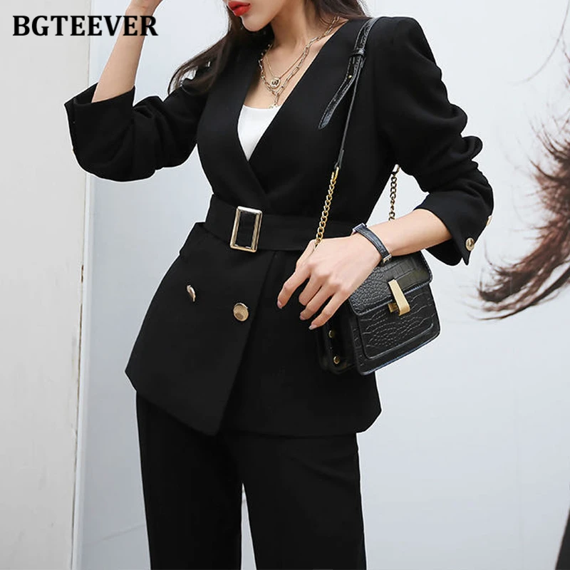 BGTEEVER Elegant Women Blazer Suit Autumn Office Ladies Pant Suits V-neck Belted Blazer & Suit Pants 2020 Work Wear Female Sets