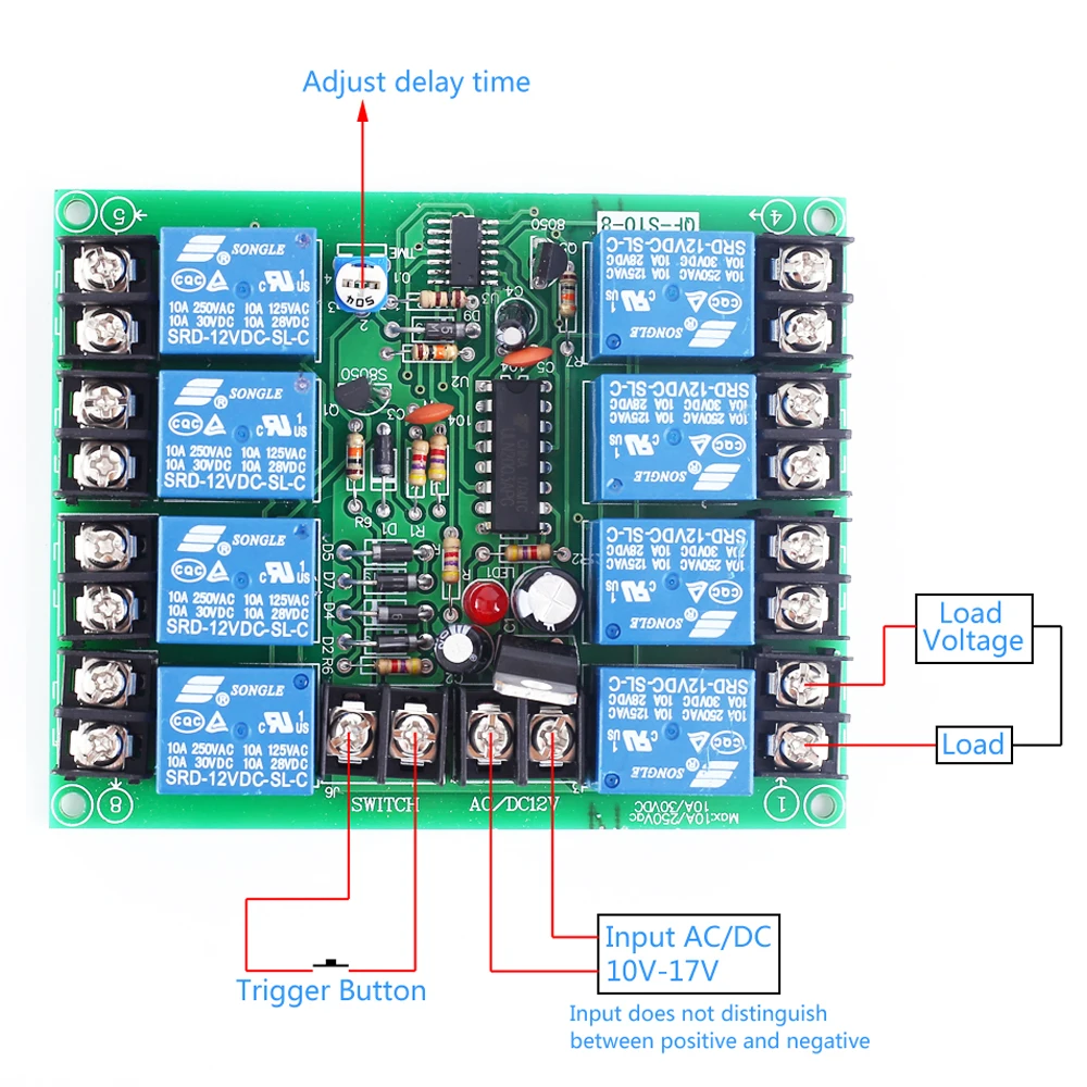 Power Time Sequence Board 0.2-4s Adjustable Sequential Controller Module AC DC 12V 10A 8-Channel 8CH For Audio KTV Stage Light