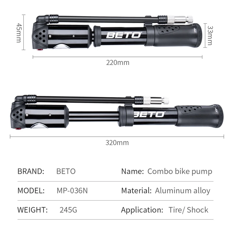 Taiwan BETO MP-036N Fork Tire Shock Bicycle Pump Bike Mini Pumps Air Inflator 300psi Gauge Compatible Schrader Presta