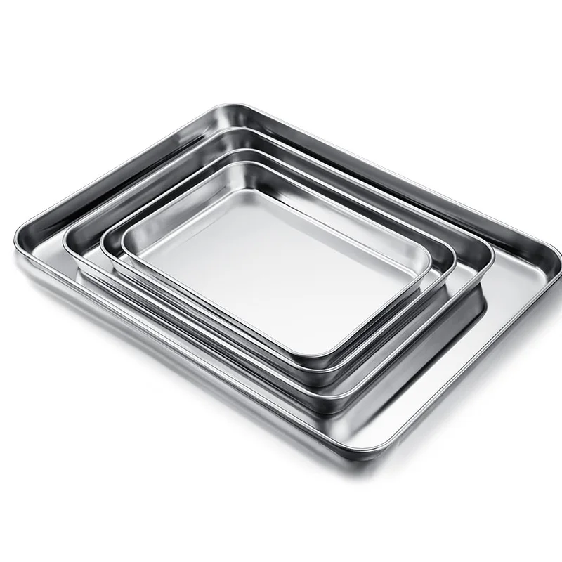 Stainless Steel Food Storage Trays Rectangle Steamed Sausage Fruit Pans Water Bread Kitchen Baking Shallow Dish Serving Plate