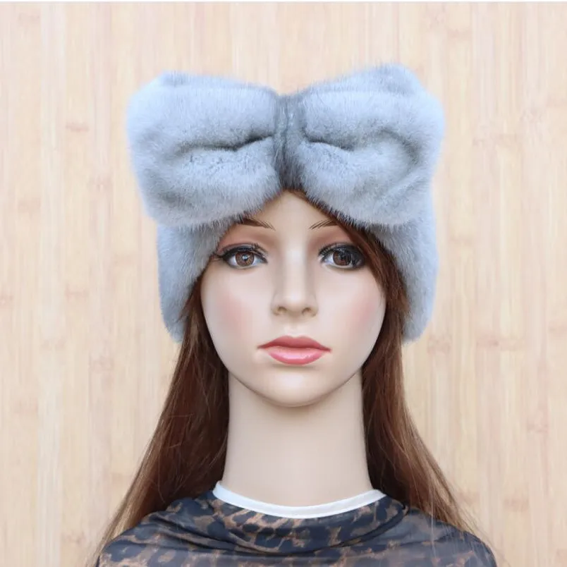 

Green Women Headband with Bow Tie Real Mink Fur Scarf Ring Gray Black Luxury Winter Warm Gift S9