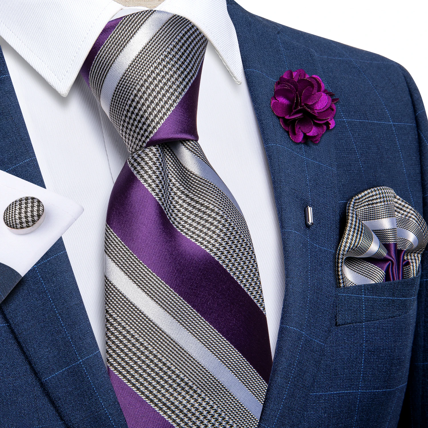 Blaue silberne Paisley-Krawatten für Herren, luxuriöses 8 cm breites Set mit Krawatte, Einstecktuch, Manschettenknöpfen, Brosche, Weihnachtsgeschenke für Männer – Detail 15