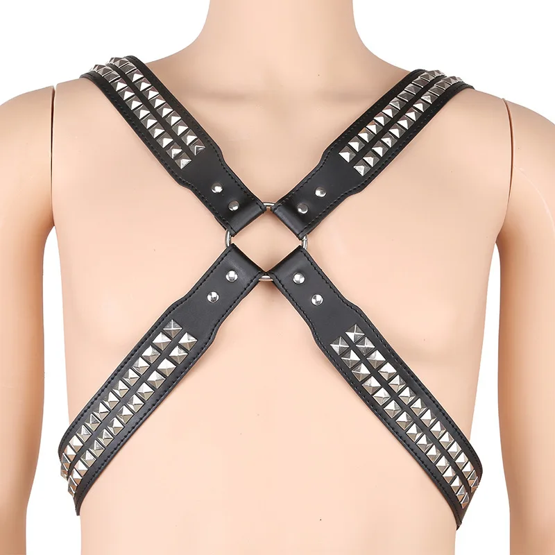 Kinky Men PU Leather Strap Muscle Body X Harness Top Vest Belt with Metal Studs Fetish Wear Macho Costume