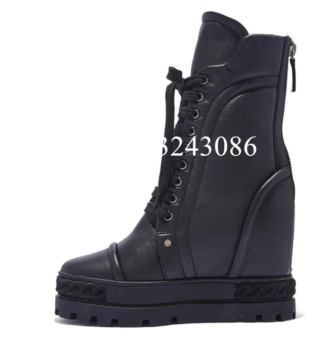 New 10cm Heel Leather Woman Short Boots Fashion Lace-up Platform Lady Wedge Boots Sexy Increasing Heel Female Casual Boots