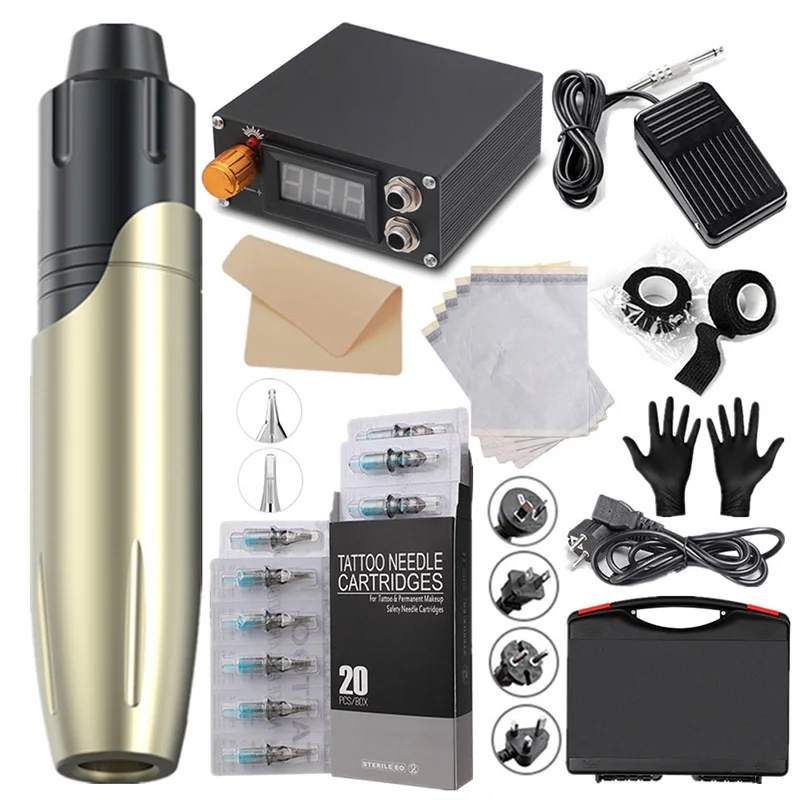 

Gold Tattoo Pen Machine Professional Makeup Kit With Power Supply Cartridges Needles Tattoo Accessories Supplies Set Body Artist