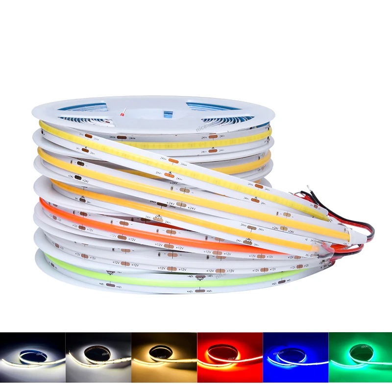 

5M DC 12V 24V High Density Flexible COB LED Strip Light 528LEDs/M Yellow Red Blue Green Flexible LED Tape for Home Decoration