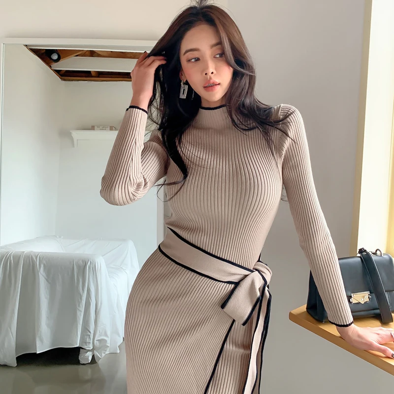 SMTHMA 2022 New Autumn Winter Korean Style Temperament Dress Ladies Slim Waist Lace-Up Knitted Mid-Length Sweater Dress Vestidos