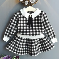 Girls Sets Children'S Clothing 2022 Autumn Winter New Plaid Bow School Student Suit Knit Sweater+ Short Skirt 2pcs Kids Outfits