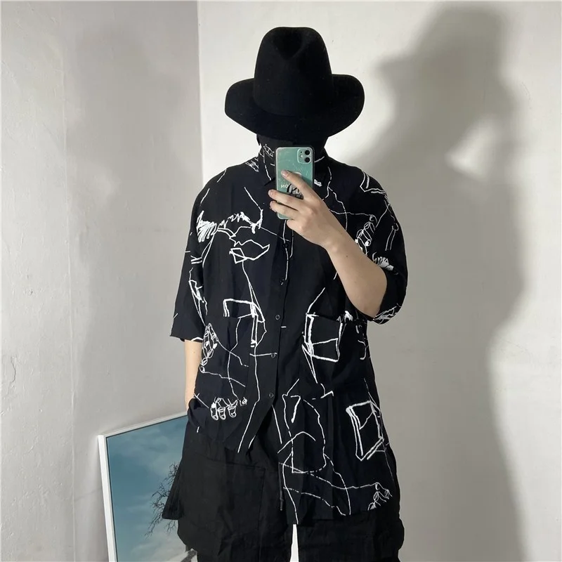 Mens Gothic Shirt Summer Half Sleeve Asymmetrical Harajuku Linen Shirts Casual Loose Fit Thin Section Button Up Printed Tops Men