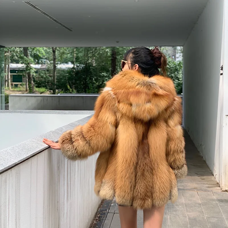 2022 New Luxury Red Silver Fox Fur Hooded Coats Women Winter Warm Outerwear High Quality Genuine Fox Fur   Thick Fur Coat