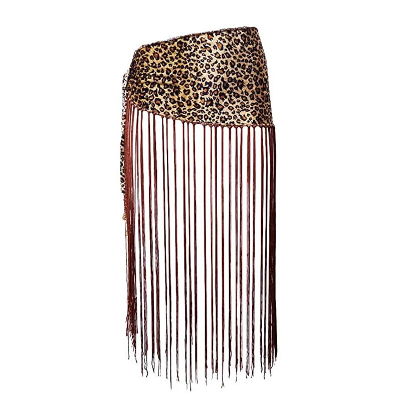 Tribal Leopard Print Wraps Belly Dance Practice Clothes Stretchy Long Tassel Triangle Belt Belly Dance Hip Scarf