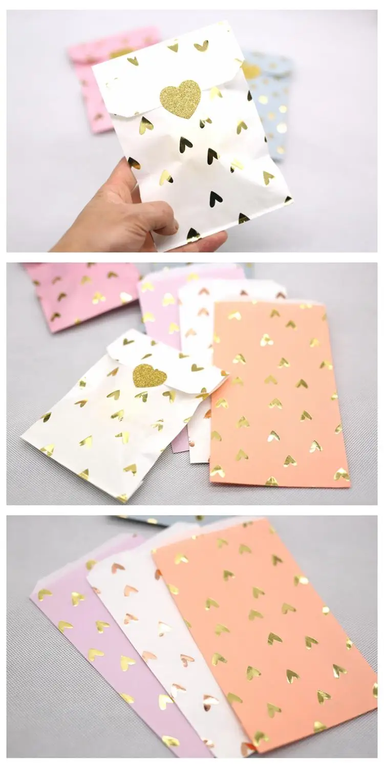 12Pcs Wedding Favor Bag Bridal Shower Wedding Birthday Anniversary Favor Candy Cookie Gift Paper Bag Pink And Gold Foil Heart