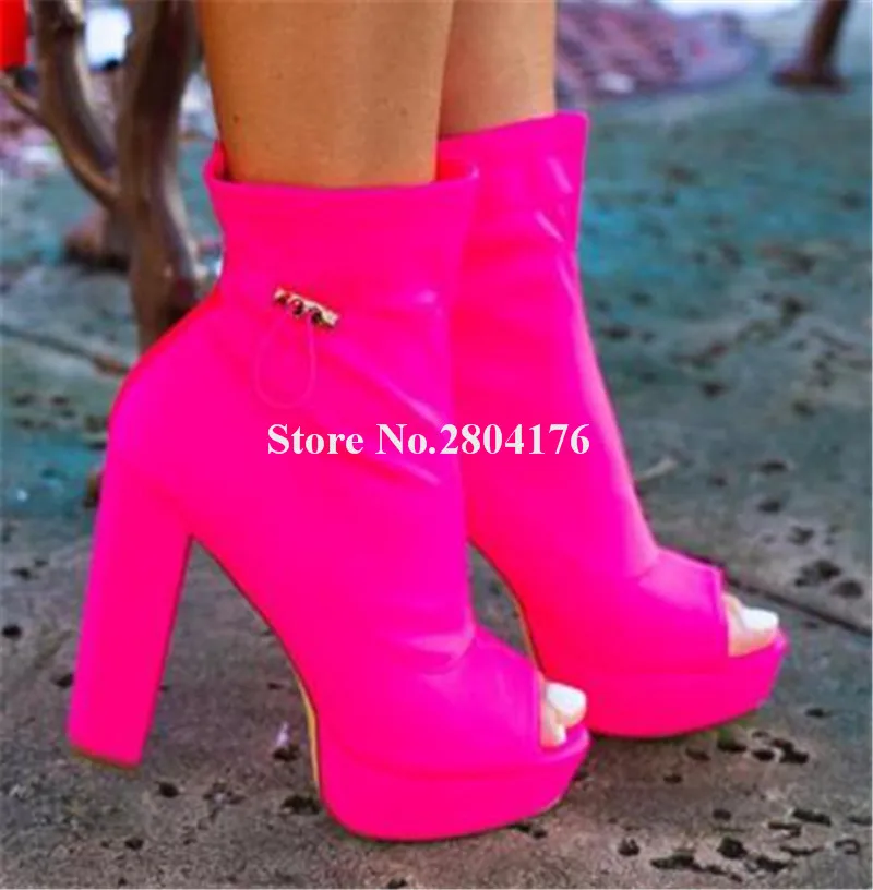 Women Sexy Peep Toe Neon Yellow High Platform Chunky Heel Short Boots Elastic Band Thick High Heel Ankle Booties Big Size