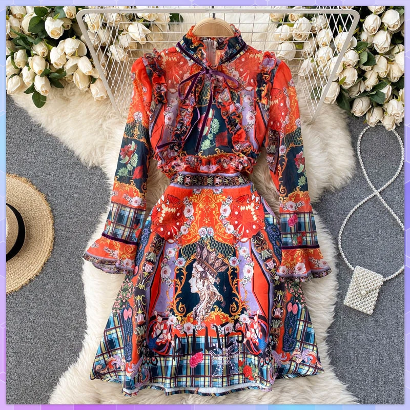 Elegant Dresses For Women Flare Sleeve Ruffles Retro Printed Ladies Holiday Party Dinner Female Dress Woman Vestidos Платье