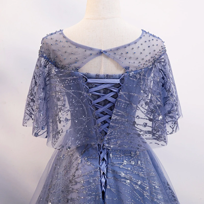 Eleganti abiti da sera in Tulle blu Vintage maniche corte o-collo lucido con paillettes che borda abiti da ballo per ospiti celebrità di nozze